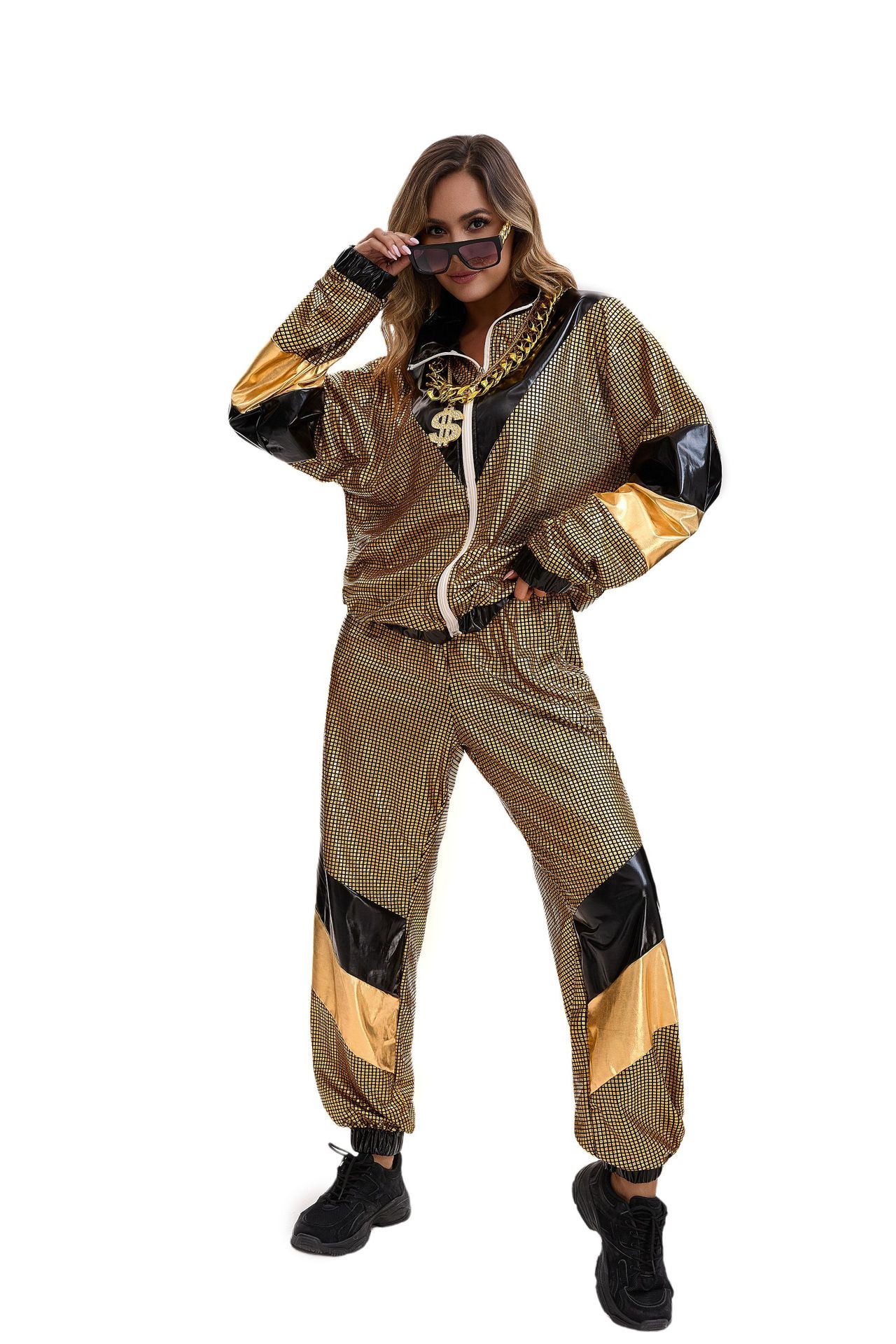 Womens Hip Hop Dance Costume Set 80s Disco Sportswear Two Piece Set Tracksuit